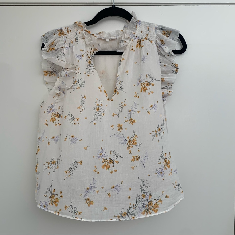 Olivaceous Flutter Sleeve Cotton Blouse Lined with Floral Print